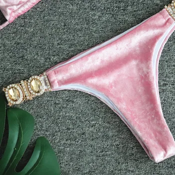 Rozā pleuche tankini bikini komplekts crystal diamond sieviešu peldkostīms pārsējs karājas kakla string saišu sandales peldkostīms
