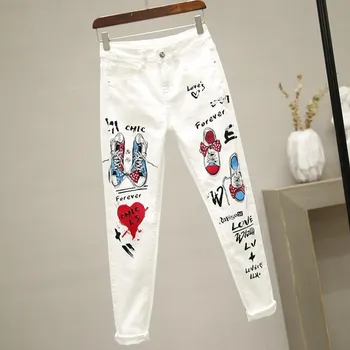 2020. gada Vasaras, Pavasara Sieviešu džinsa džinsi Karikatūra Grafiti ziedu drukāt izdilis izstiepts džinsi zīmuli džinsa bikses slim capri džinsi