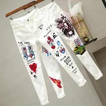 2020. gada Vasaras, Pavasara Sieviešu džinsa džinsi Karikatūra Grafiti ziedu drukāt izdilis izstiepts džinsi zīmuli džinsa bikses slim capri džinsi