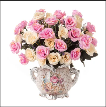 1set Eiropas mākslīgo ziedu+vāze viesistabā mājas tabula kāzu dekori podos bonsai rotājumu zīda ziedi +Keramikas vāze dāvanu