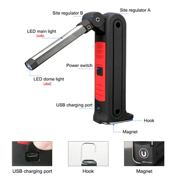 Portatīvo USB Darba Gaisma ar Magnētisko Bāzi LED Inspekcijas Gaismas Salokāms Uzlādējams kabatas Lukturītis Rokas Darba Lukturi