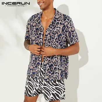 INCERUN Vīriešu Ikdienas Krekls ar Leopards Izdrukāt Pogu Camisa Elpo Īsām Piedurknēm Vasaras Pludmales Havaju Krekli Vīriešu Streetwear 2021