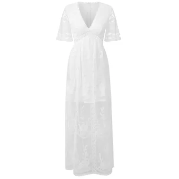 TEELYNN mežģīnes maxi kleita sievietēm vintage baltās dziļu v veida kakla garas vasaras kleitas elegantu ziedu izšuvumu drēbes boho beach vestidos