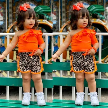 Toddler baby girl vasaras apģērbs 2020. gadam Cietā Pie Pleca T-krekls ar Leopards Drukāt Šorti Tērpiem Uzstādīt одежда для новороденных t5