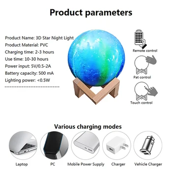 Jaunas Ielidošanas 3D Print Star Mēness Lampas 16 Krāsains Mainīt Touch Mājas Dekori Radošo Dāvanu USB Lādējamu Nakts Gaisma Galaxy Lampas