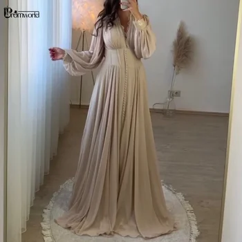 Musulmaņu Vakara Kleitas Sievietēm Puses Šampanietis Ar Garām Piedurknēm Dubai Oficiāli Balles Kleita-Line Šifona Vestidos De Fiesta