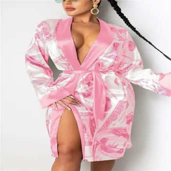 Sieviešu Satīna Drēbes Moderns Dolāru Modes Drukāt Ērti, Vienkārši garām Piedurknēm Zīdaini Peldmētelis Kimono Sleepwear Ar Jostu
