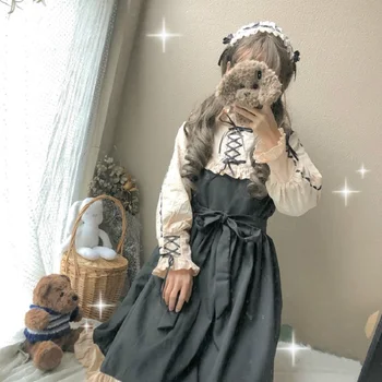 Japāņu Harajuku Sieviešu Lolita Stila Puse Kleita Gothic Pārsējs Loku Raibs Cute Meitene Cosplay Kleita Kawaii Ruffles Kleita