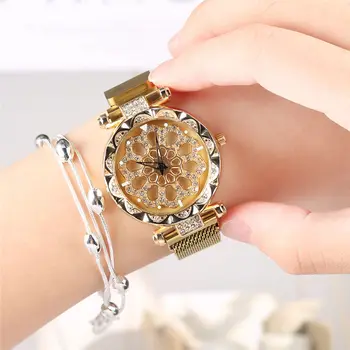 Luksusa Dāmas Skatīties Diamond-encrusted Revolvable Dial Gold Tērauda Sietu Sieviešu Kvarca rokas Pulksteņi Magnēts Sprādzes Top Zīmola Pulkstenis relojes