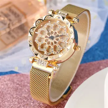 Luksusa Dāmas Skatīties Diamond-encrusted Revolvable Dial Gold Tērauda Sietu Sieviešu Kvarca rokas Pulksteņi Magnēts Sprādzes Top Zīmola Pulkstenis relojes