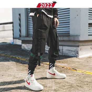 2022 Vīriešiem Lentes Streetwear Kravas Bikses 2019 Rudens Hip Hop Joggers Bikses (Dungriņi) Black Modes Baggy Kabatas Bikses