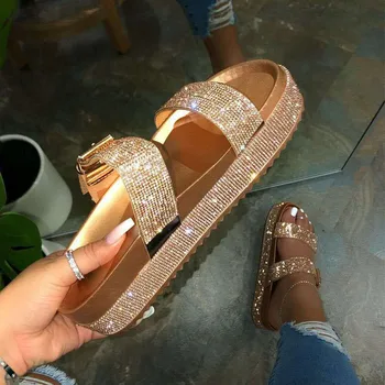 Modes Gold Crystal Sieviešu Sandales Dāmas Vasaras Kurpes, Ērtas Kājām Potītes Dobi Sandales Melnā Dzīvoklis Sandales Sandalias zapatos