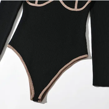 Garām piedurknēm, Viena-kakla Kontrasta Krāsu Visu maču Slim Fit Sieviešu Jumpsuit Modes Jauns Adīts Šiks Sieviešu Bodysuit