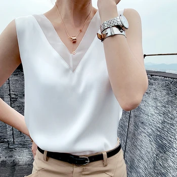 Sieviešu Eleganta Blūze Cietā V-veida kakla Balta Satīna Zīda Krekls Plus Lieluma Vintage Apģērbu Šifona Tunika Topi Sievietēm Vasarā