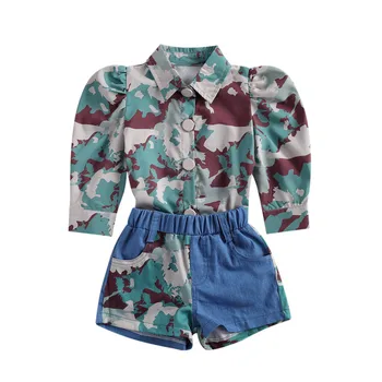 1-6Years Modes Meiteņu Apģērbu Komplekti ar garām Piedurknēm Maskēties Drukāt Krekli, Topi+Raibs Gadījuma Šorti Treniņtērpi Tērpiem