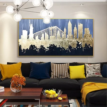 Zelta pilsēta attēlu mūsdienu abstraktā audekls gleznošanai mājas dzīvojamā istaba, guļamistaba, ēdamistaba, wall art, eļļas glezna roku darbs