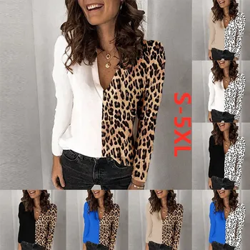 Leopards drukāt 5XL Sieviešu Blūze Kontrasts, Krāsa, V-apkakli, garām Piedurknēm, Sieviešu Blūzes Rudens Vasaras Dāmu Topi Gadījuma Seksīgs Apģērbs