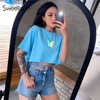 Sweetown Atstarojošs Tauriņš Modelis T-Krekls Sievietēm Streetwear Korejas Modes Tērpiem Gadījuma Zaudēt Pamata Vasaras Topi Harajuku