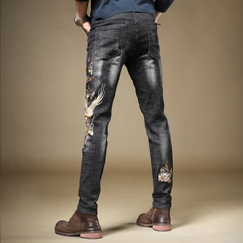 Vīriešu Džinsi Ķīnas Mītisks Zvērs Izšuvumi Taisnas Bikses Slim Fit Streetwear Melnās Džinsa Bikses