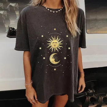 8 Modeļi 2020. Gada Vasaras Sievietēm ar Īsām Piedurknēm Moon Star Iespiesti O Kakla Streetwear korejiešu Stilā, Jaunās Dāmas Losoe Gadījuma Galvaskausa T-krekls