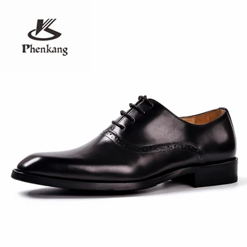 Vīriešu ādas kurpes biznesa kleita, uzvalks, kurpes vīriešu zīmolu Bullock īstas ādas melna mežģīņu kāzu vīriešu kurpes Phenkang 2020