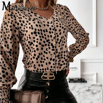 Modes Sieviešu Rudens Leopard Dot Drukas Slim Blūze, Krekls Ar Garām Piedurknēm, V Veida Kakla Pogu Sexy Biroja Dāma Elegants Ikdienas Blūzes Krekls