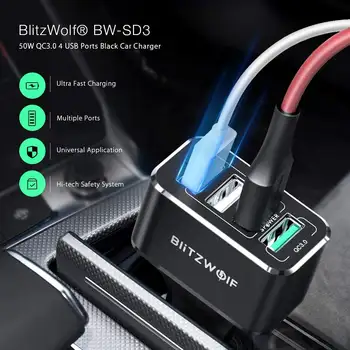 BlitzWolf USB Automašīnas Lādētājs 4 USB Porti 50W QC3.0 Ātra Uzlāde Mobilajam Tālrunim TDC 12V-24V iPhone X XR Xs Par Xiaomi Mi8