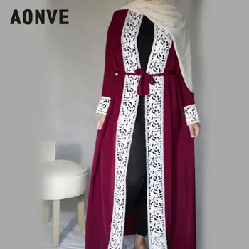 Aonve Garš Mežģīņu Red Abayas Islāma Sievietes Djellaba Dubaija Mežģīnes Turku Halāti Arābu Dāmas Atvērt Kaftan Musulmaņu Marokas Melnās Abaya