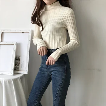 Korejas Drēbes Pusi-Apkakles Zemāko Džemperis Sieviešu ir 2021. Jauna Rudens garām Piedurknēm Džemperis Slim-Fit Cietā Sieviešu Džemperis 10605