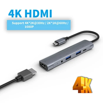 5 in 1 USB C Rumbas C Tipa HdMI 4K USB 3.0 2.0 60W USB PD Lādētāju, 3,5 mm Jack Adapteri Portatīvo DATORU Dators