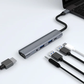 5 in 1 USB C Rumbas C Tipa HdMI 4K USB 3.0 2.0 60W USB PD Lādētāju, 3,5 mm Jack Adapteri Portatīvo DATORU Dators