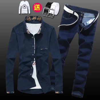 Pavasara, Rudens Vīriešu Krekls ar garām Piedurknēm Zīmuli Bikses Slim Fit Džinsi 2pcs Set Ikdienas Krekli Bikses, Vīriešu Apģērbu E53