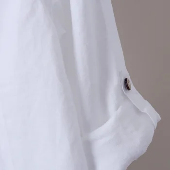 Augstas Kvalitātes Vīriešu Baltu Linu Krekli Saliekams Piedurknēm Krekls ar V-veida kakla Slim Fit tīrtoņa Krāsu Stāv Apkakles Mīkstās Mens Kaņepju Apģērbi