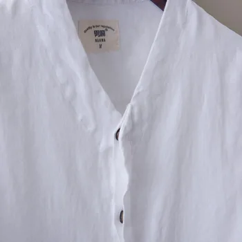 Augstas Kvalitātes Vīriešu Baltu Linu Krekli Saliekams Piedurknēm Krekls ar V-veida kakla Slim Fit tīrtoņa Krāsu Stāv Apkakles Mīkstās Mens Kaņepju Apģērbi