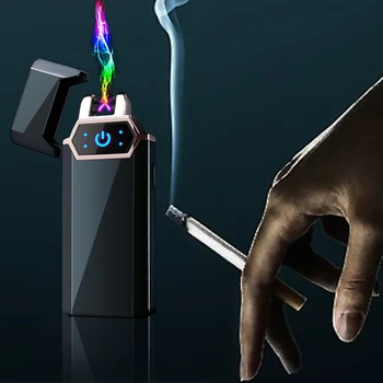 USB Elektriskās Šķiltavas pirkstu Nospiedumu Touch Uguns, Plazmas Dubultā Loka Vieglāks Pretvēja Metāla Cigarešu Montāžas Vīriešu Dāvanu