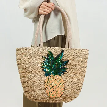 Vasaras vizuļi ananāsu salmu maiss Joker plecu ūdens maiss Ceļojumi brīvdienas pludmales soma, ar Rokām austi soma
