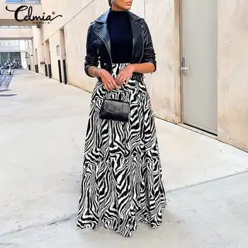 Ir 2021. Celmia Sieviešu Modes Zebra Iespiesti Maxi Svārki Rudens Augsta Vidukļa Vintage Ilgi Svārki Gadījuma Zaudēt-Line Grupa Buttoms Mujer