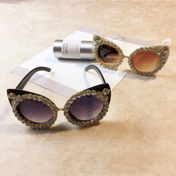 Roku Darbs Rhinestone Cat Eye Saulesbrilles Modes Zīmola Dizaina Brilles Sievietēm Pērle Apaļa Vintage Saules Brilles Beach Party Oculos De