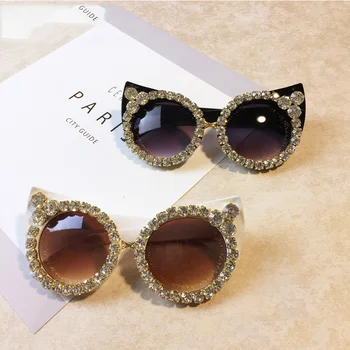 Roku Darbs Rhinestone Cat Eye Saulesbrilles Modes Zīmola Dizaina Brilles Sievietēm Pērle Apaļa Vintage Saules Brilles Beach Party Oculos De