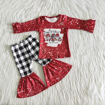 Toddler Priecīgus Ziemassvētkus Ziemas Drēbes, Meitene Ar Garām Piedurknēm Apģērbs Ar Savirmot Dizaina Bērni Augstas Kvalitātes Augšējā Un Bell Bikses Kopa