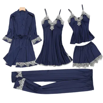 Sleepwear Nakts Kleita Sievietēm Satīna 5GAB Drēbes, Uzstādīt Zīdaini Peldmētelis Kimono Kleita Sexy Mežģīņu Līgavas Kāzu Dāvanu, Mājas halāti