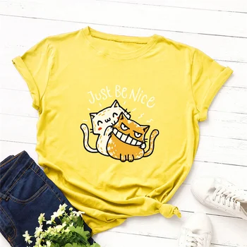 Vasaras Smieklīgi Kokvilnas Tops Sievietēm Karikatūra Kaķis Drukāt Balts T Krekls ar Īsām Piedurknēm Tee Slim Fit Soft Gadījuma Sieviete Tshirt Liela Izmēra 5XL