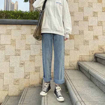 Džinsi Sieviešu Pavasara Zaudēt 2XL Taisni Potītes garuma Studentiem korejiešu stila Streetwear Džinsa Cietā Sieviešu Visu maču Modes Gadījuma