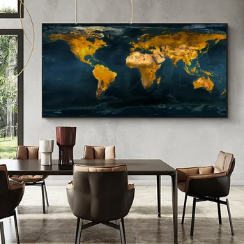 Liela Izmēra Kartes Krāsošana Plakāti un Izdrukas Sienas Mākslas Audekls Glezniecības Zelta Pasaules Kartē Priekšstatu par Pētījumu, viesistaba, Mājas Apdare