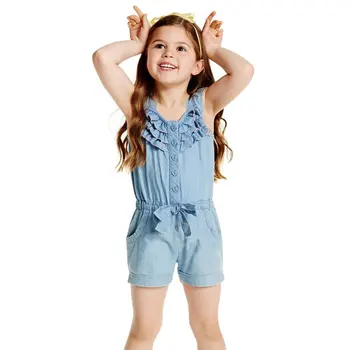 Bērni, Meitenes Apģērbu Kombinezonus Džinsa Zilā Kokvilnas Mazgā Džinsus bez Piedurknēm Loku Jumpsuits 0-5Year Jaunas