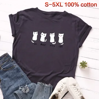 Gadījuma Lielgabarīta T-krekls S-5XL Harajuku Īsām Piedurknēm Dzīvnieku Print t-veida Krekls Sieviešu Vasaras Apģērbu Karikatūra Kaķis Pamata Kokvilnas Topi