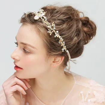 Ziedu Kāzu Tiara Līgavas Galvas un Līgava Tiara Hairband Ar Pērlēm Rhinestones Headpiece Līgavas Matu Vīnogulājiem