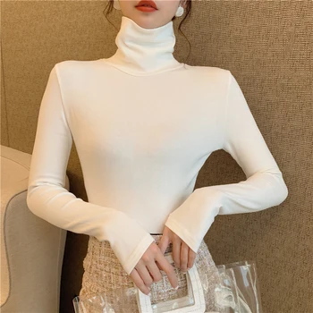 T-krekli, Sieviešu Vintage Cietā augstu uzrullētu apkakli Slim Visu maču Elegants Sieviešu Džemperi Harajuku Gadījuma Dienas korejiešu Stilā, Sieviešu Topi,