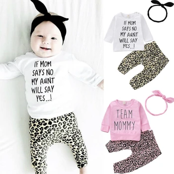 3Pcs Baby Girl Apģērbu Zīdaiņiem Bērnu Vēstuli Izdrukāt garām Piedurknēm T-krekls Top+Leopard Bikses+Galvas Jaundzimušā Apģērbu Modes Apģērbs