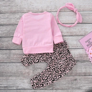 3Pcs Baby Girl Apģērbu Zīdaiņiem Bērnu Vēstuli Izdrukāt garām Piedurknēm T-krekls Top+Leopard Bikses+Galvas Jaundzimušā Apģērbu Modes Apģērbs